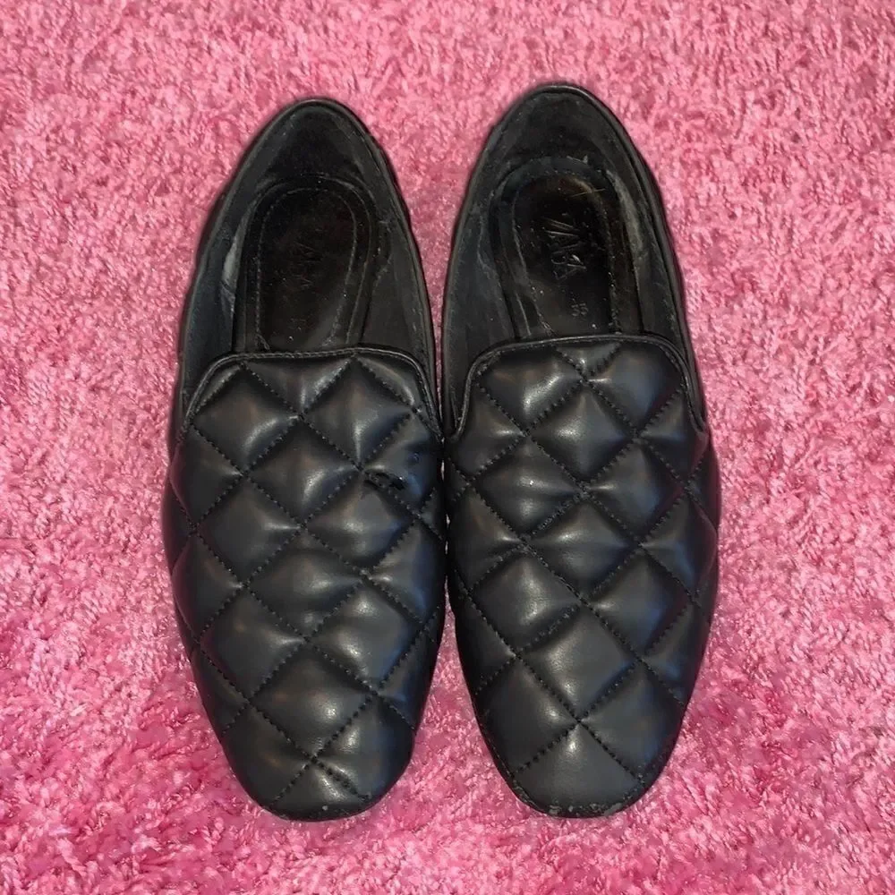 Zara Black Quilted Loafer Flats Size 5